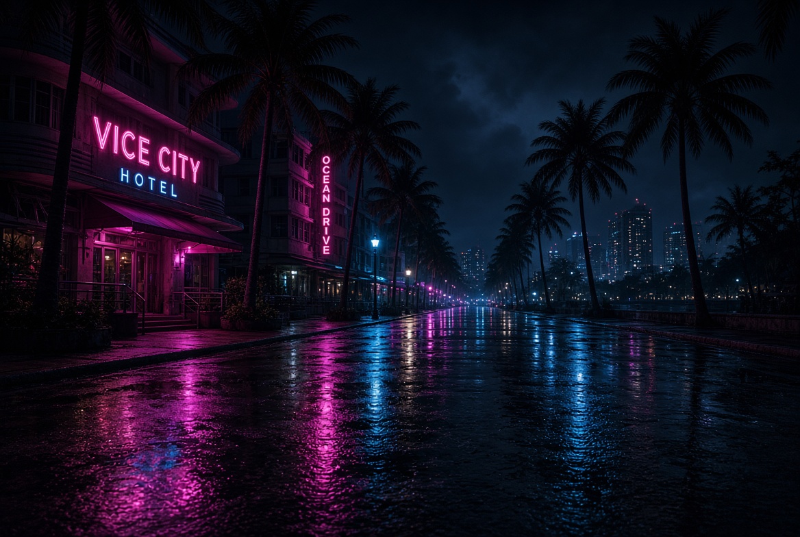 Ночная улица Vice City после дождя
