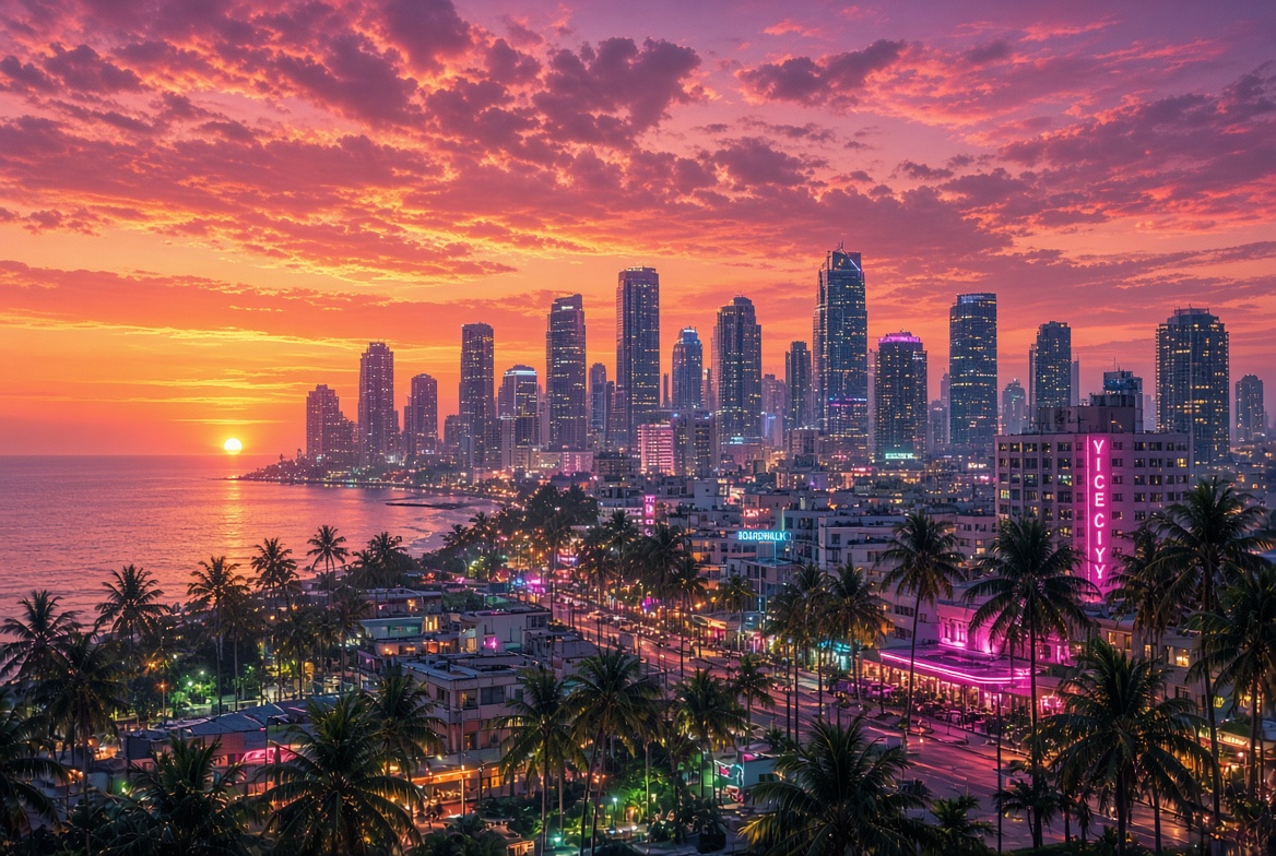 Панорама Vice City на закате